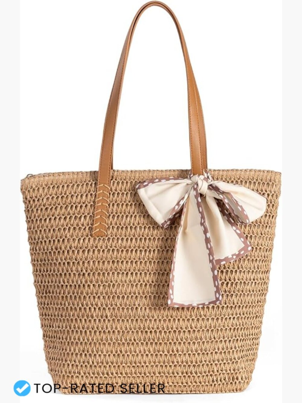 Large Handwoven Straw Beach Tote Zipper Pocket Lightweight Summer Travel Bag